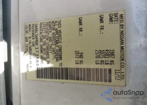 2013 Nissan Altima 3.5 Sv z USA, uszkodzony, nr VIN 1N4BL3AP6DC173884